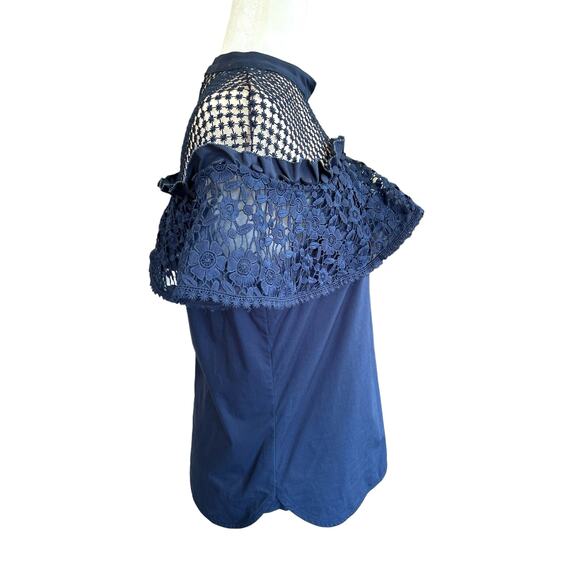 Self-Portrait Top Womens Size 6 Navy Blue Hudson Poplin Lace 100% Cotton NWT - Picture 7 of 10